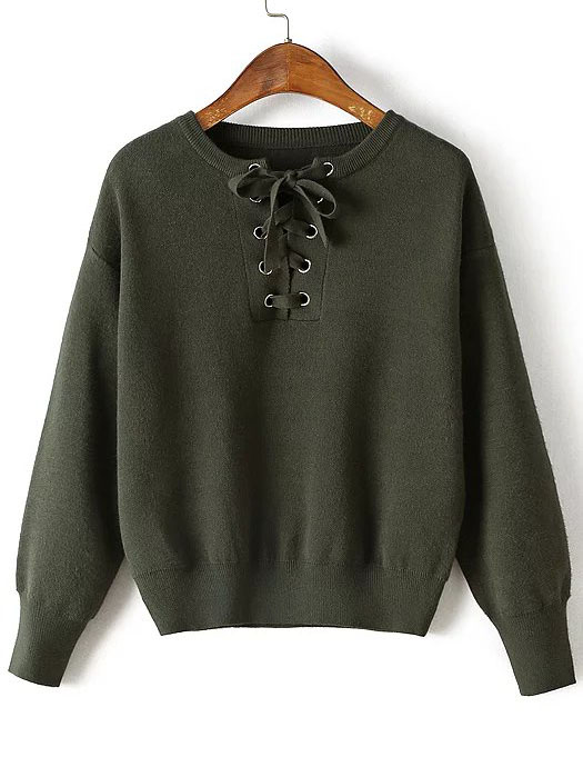 Army Green Lace-up Front Sweater
