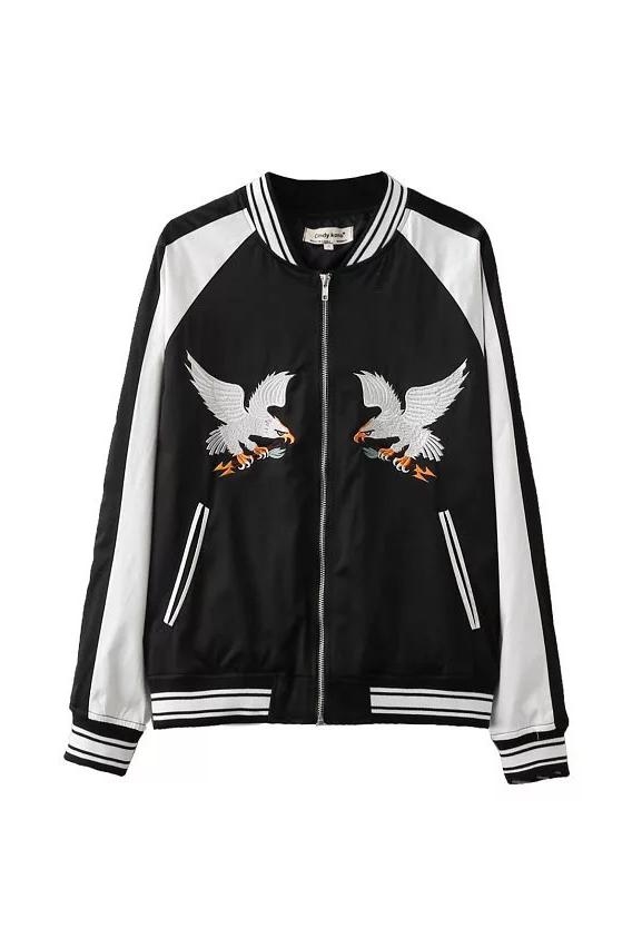 Eagle Embroidered Satin Bomber Jacket 