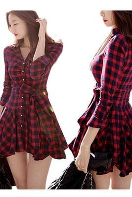 Korean version of Slim thin waist temperament fall and winter red plaid long-sleeved dress high street dresses