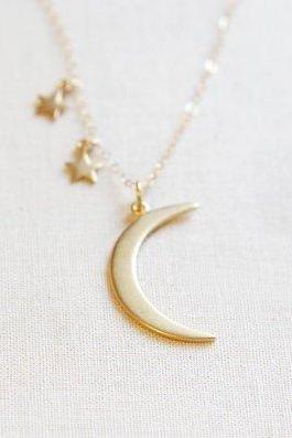 CRESCENT MOON AND STARS PENDANT NECKLACE