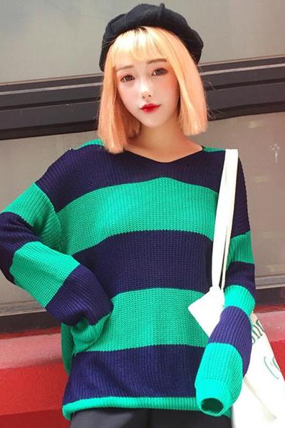 Striped Knitted Crew Neck Sweater 