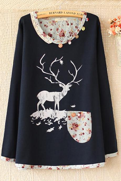Dark blue /Gray color sweet elk print sweater 