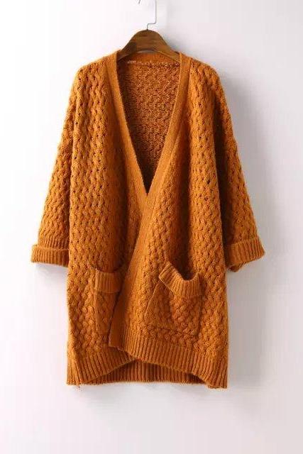 Women Fashion Casual Curling Bat Sleeve Pocket Loose Knit Cardigan Sweater Coat