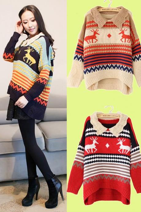 Deer & Stripes Lovely Collar Irregular Curved Hem Sweater