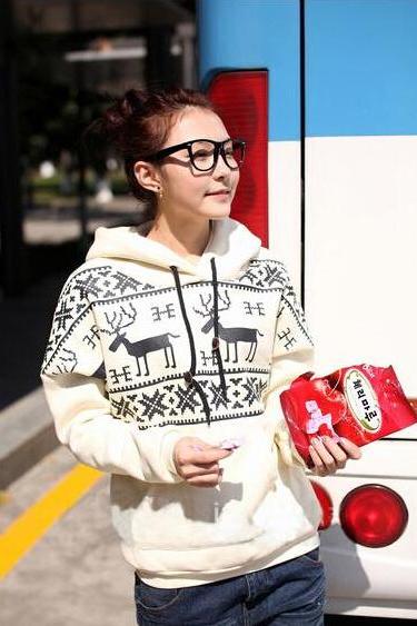  Long Sleeve Christmas Snow Deer Hoodie Sweater Coat Outerwear