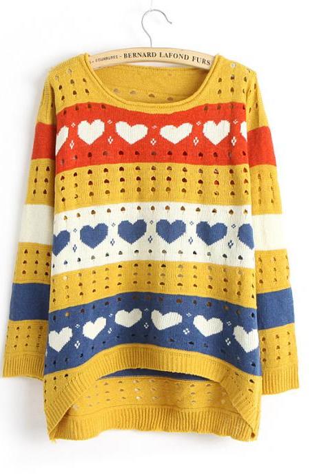 Yellow color Cute Love style Hollow Loose Women Knitting Sweater