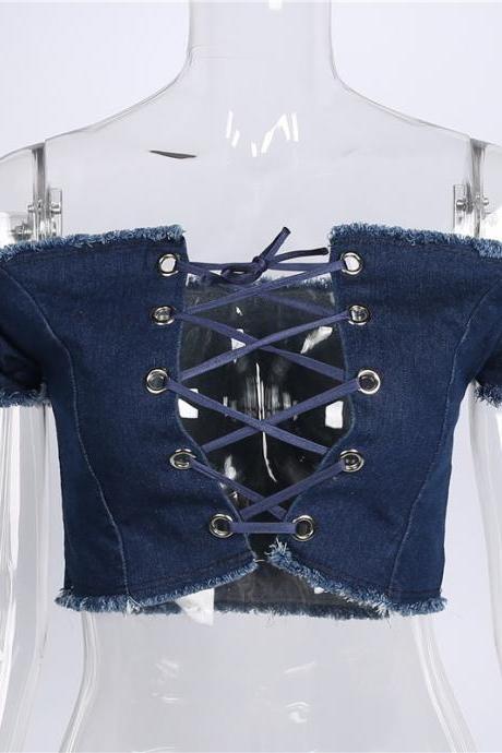 Denim Off-The-Shoulder Lace-Up Short Sleeved Cropped Top Featuring Frayed Detailing 