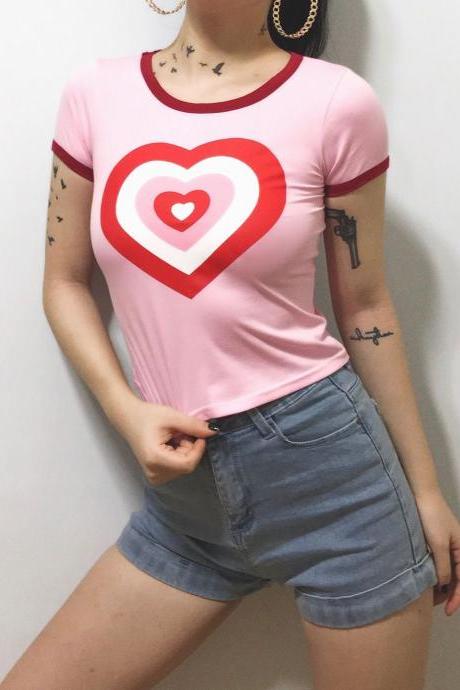 Vintage Pink Heart Shape Print Round Neck Short Sleeve T-Shirt
