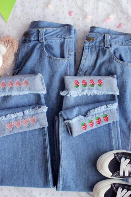 Kawaii Heart Strawberry Loose Jeans