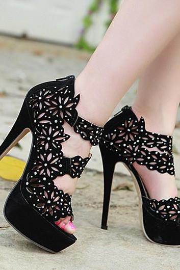 Fashion Peep Toe Hollow Out Rhinestones Embellished Platform Stiletto Super High Heels Black PU Sandals