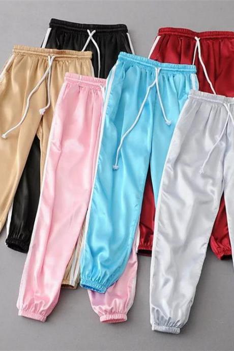 Satin Drawstring Joggers, Sports Pants with Track Stripes