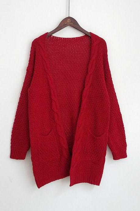 Red color Autumn Winter Long Sleeve Loose Casual Sweater Coat Cardigan Coat Women Outwear