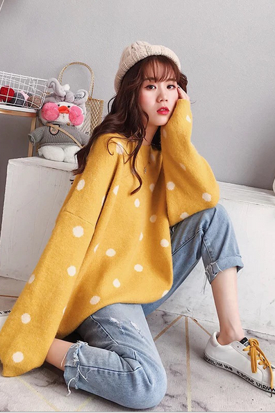 Korea style dot print loose warm sweater