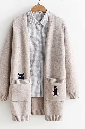 Cute cat embroidery women's long sleeve long cardigan sweater