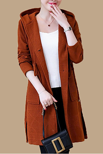 women's solid colored hooded long sleeve long cardigan
