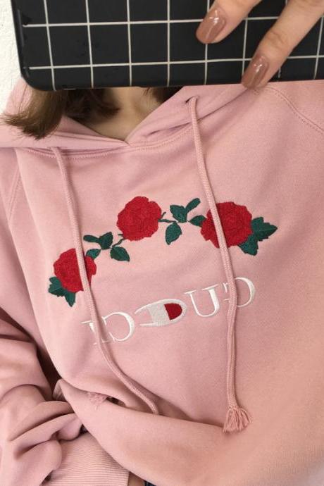 Pink color Flower Embroidered Sweatshirt With Hoodie