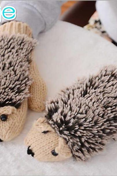 Cute beige color Hedgehog thick cotton women Gloves