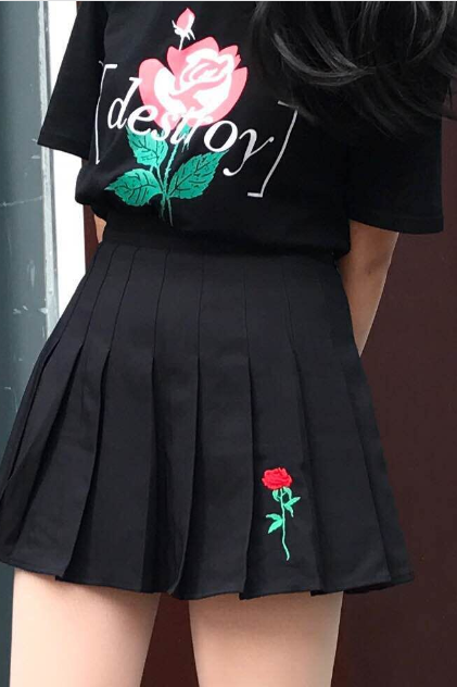 Korea style rose flower embroidery high waist pleated skirt 