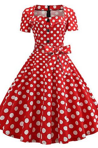 Women's Vintage 1950s A Line Dress,Polka Dot Print Square Neck dress