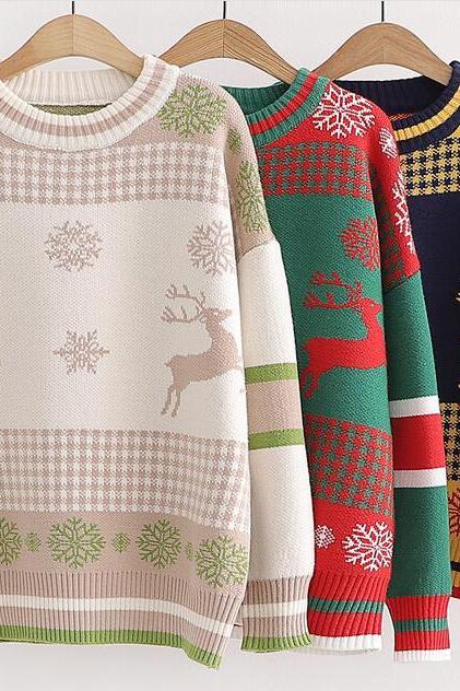 Cute Deer &amp;amp; Snow Embroidery Sweater #pr763