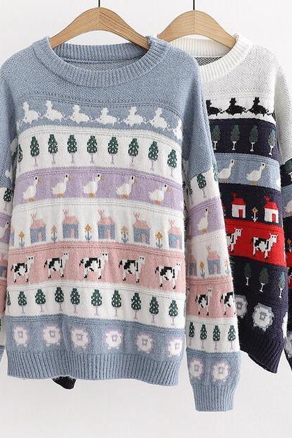 Cute Animarls &amp;amp; Trees Embroidery Sweater