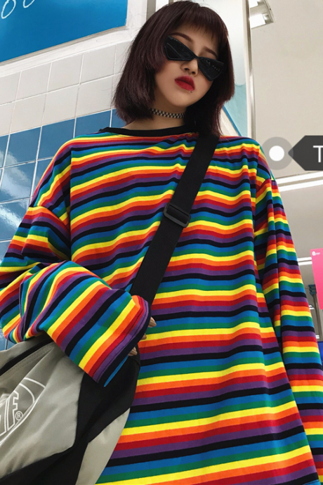 Harajuku style Rainbow Striped Long Sleeve sweater shirt 
