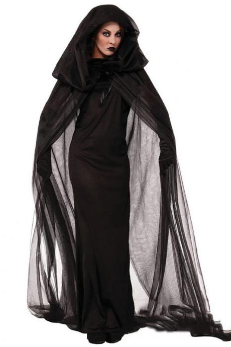 Halloween Women Death Hell Witch Devil Vampire Uniform Black Long Dress Party Cosplay 