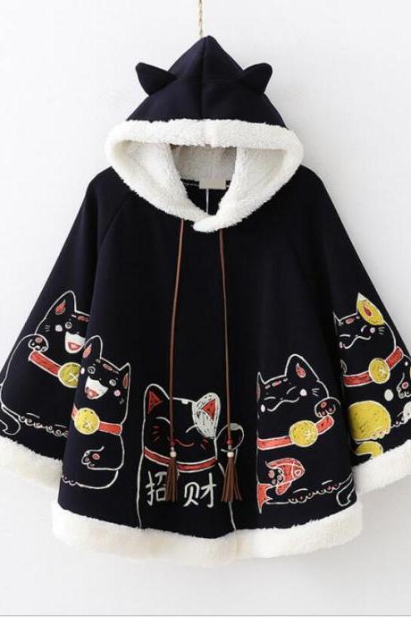 Korean version of cute lucky cat print plus velvet padded cloak jacket