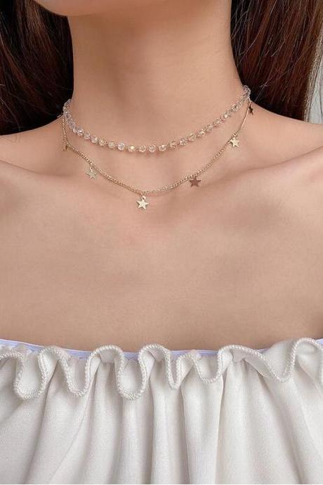 Korean version of pentagram crystal beads pendant double choker necklace