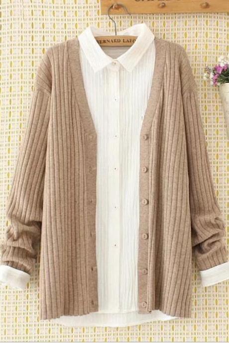 Korean version of solid color plus size loose V-neck knitted sweater cardigan