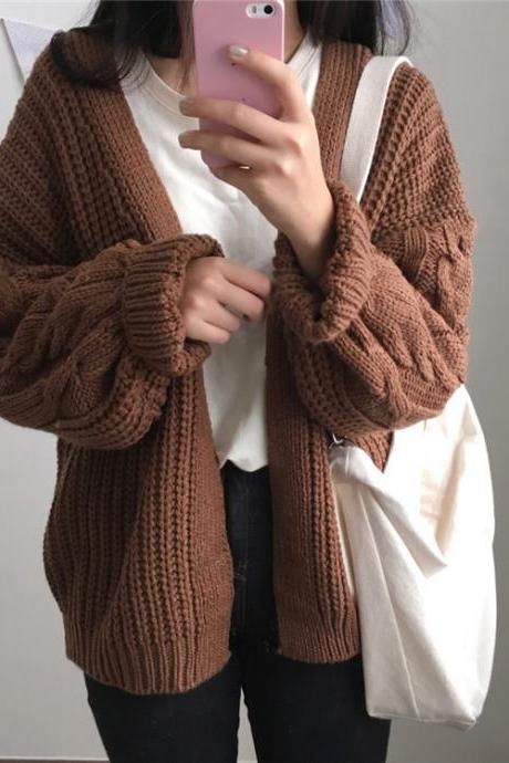 Korean women's loose plus size twist long-sleeved sweater cardigan