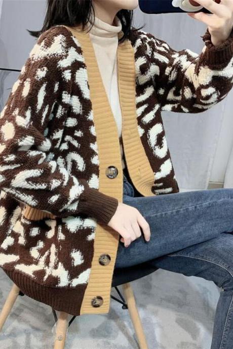 Leopard print mid-length plus size knitted cardigan sweater
