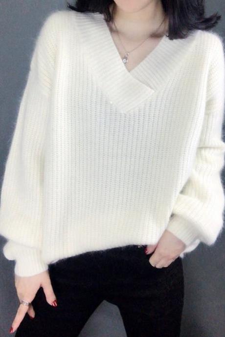 Loose V-neck Lantern Sleeve Stitch Women&amp;#039;s Sweater