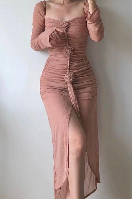 Sexy split three-dimensional rose dress