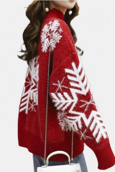 Christmas Snowflake Long Sleeves Base Sweaters for Women 
