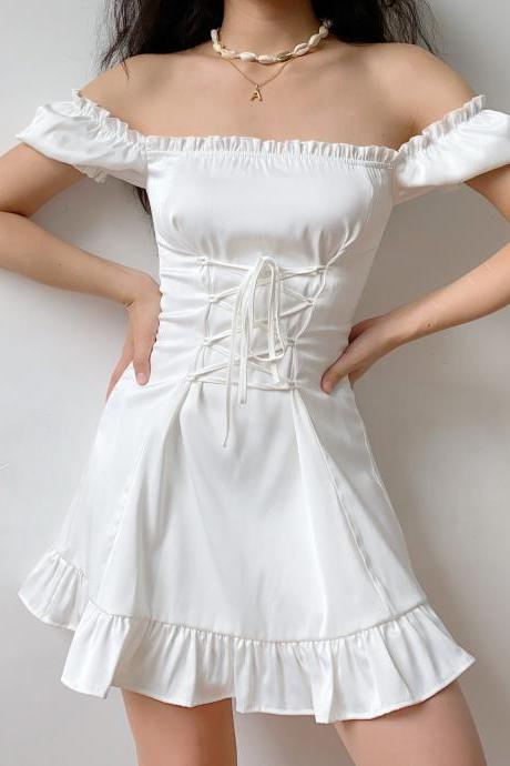 Retro Sweetheart White Waist Bandage Ruffled Slim A-line Dress Short Skirt