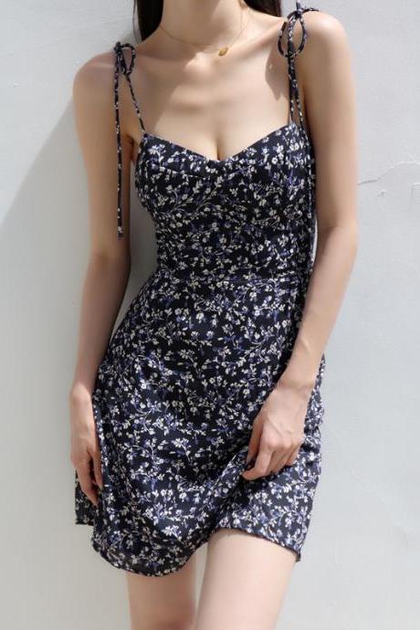 Retro slim V-neck leopard print shoulder strap suspender skirt dress