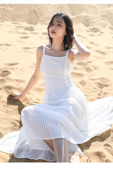 Fashion White Crepe Chiffon Beach Vacation Dress Day Dress Women's Tea Length Sun Dresses