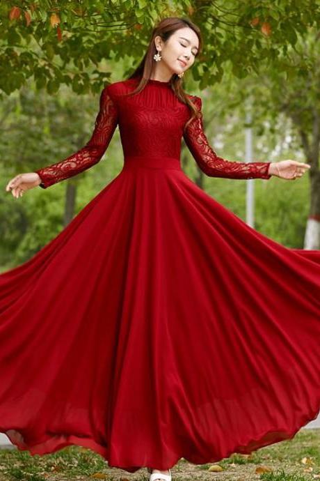 Sexy Charming Long Lace Sleeves Pleated Chiffon Long Red Maxi Dress