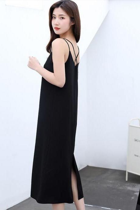 2021 spring new v-neck sexy suspender skirt/pure color loose backless dress