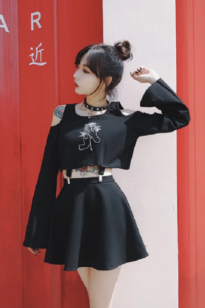 Rose Embroidery Harajuku Two Piece Skirt and Top Set