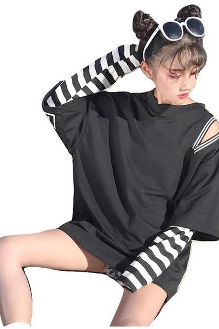  Long Striped Sleeves Patchwork T-Shirt 
