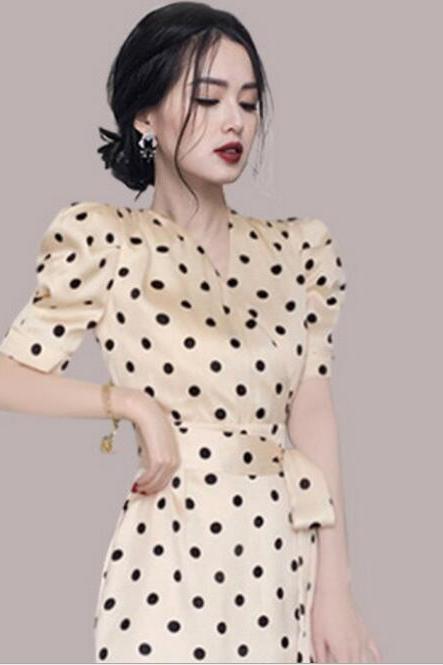 2021 summer V-neck polka dots slim high-waist mid-length dress 