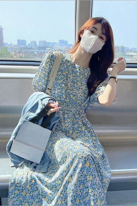 Puff sleeve floral dress/2021 new French dress 