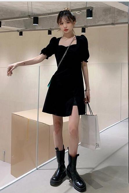 French slit black dress/2021 summer new waist puff sleeve dress