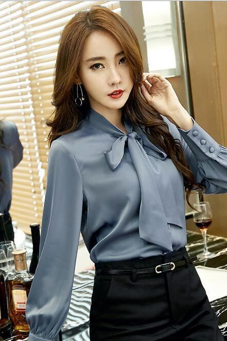 Women's bow-knot solid color long-sleeved blouse shirt 