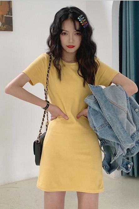 2021 summer Korean mid-length solid color dress