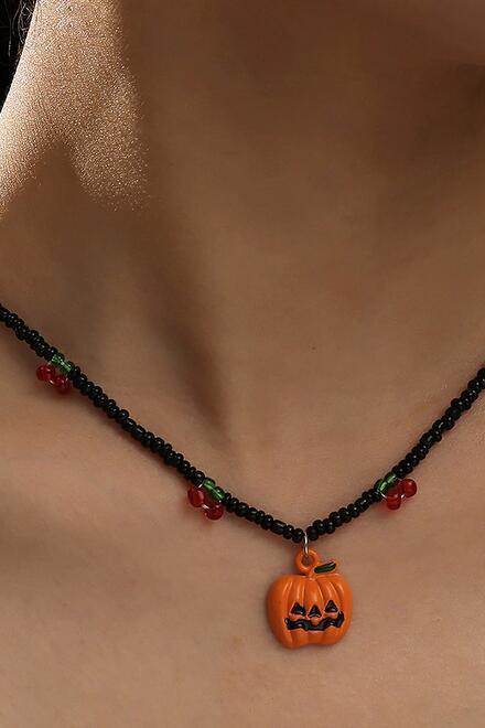 Women's Party Halloween Daily Beaded Pumpkin Cherry Black Necklace