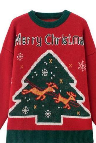 Women'sChristmas Sweater Pullover Jumper Knitted Snowman Christmas Tree Stylish Casual Long Sleeve Sweater Cardigans Crew Neck Fall Winter sweater