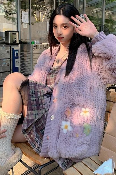 Korean Women Girl Cute Soft Spring Autumn Fall Winter Embroidery Knit Woven Rabbit Fur Jacket Cardigan